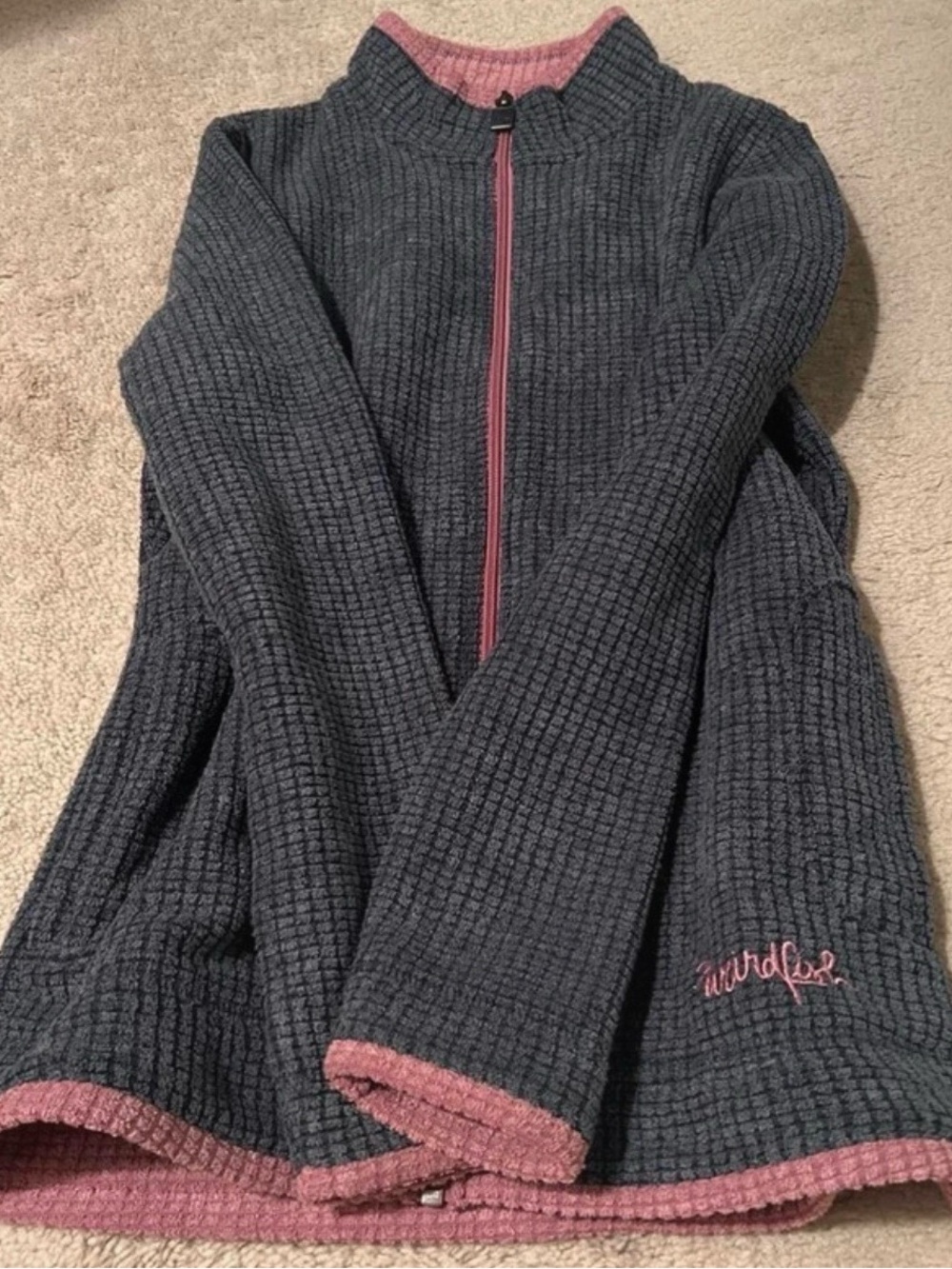Weird Fish Ariana Grid Fleeze Navy (grayish) and pink waffle knit zip-up jacket